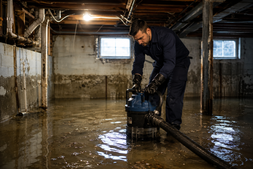 Professional water damage restoration technician operating an industrial water pump in a flooded residential basement.