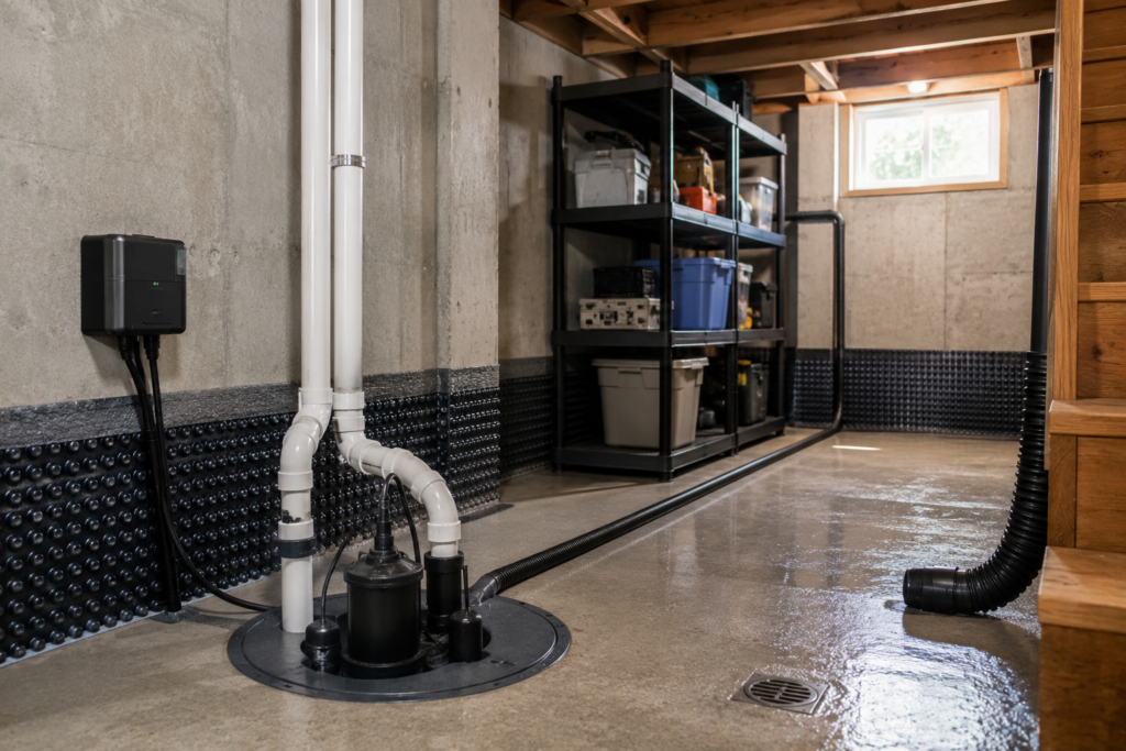 Modern basement with a sump pump, drainage system, and waterproofing features designed to help prevent basement flooding in Toledo, OH.