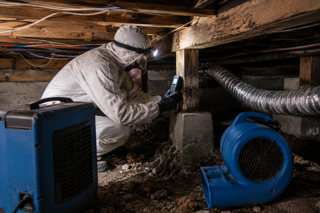 Technician inspecting and drying a water-damaged crawlspace with industrial equipment in a Toledo, OH home