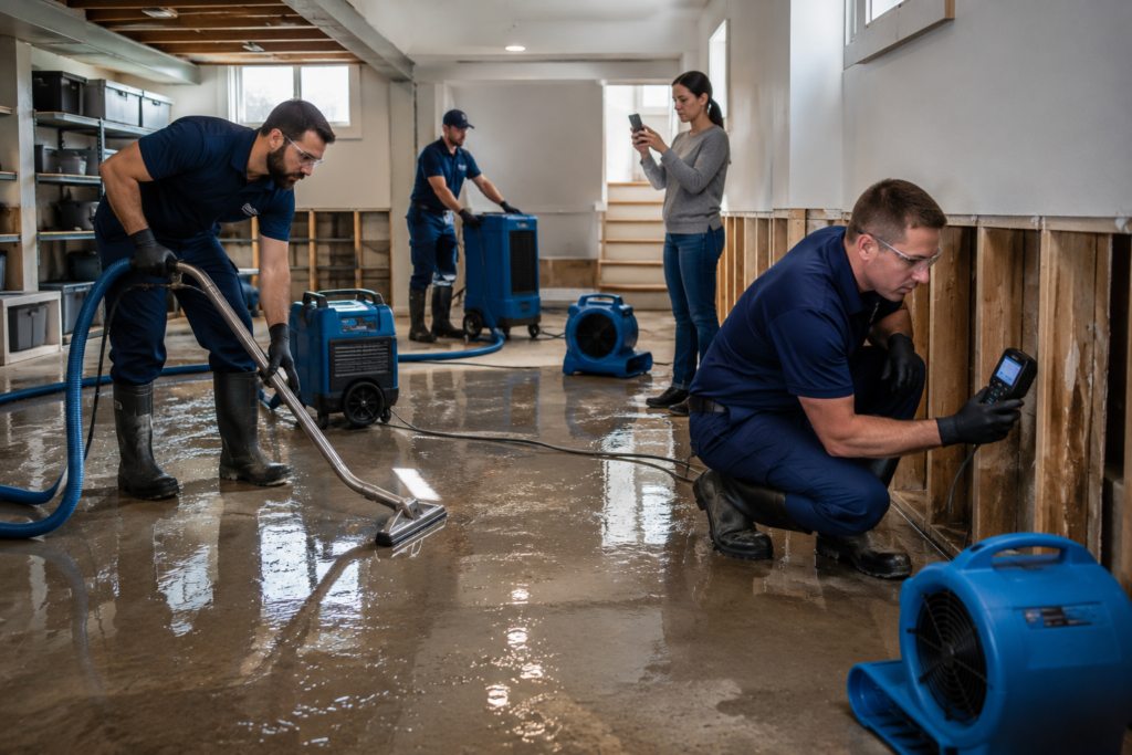 Professional emergency water damage restoration technicians extracting water and drying a flooded basement in Toledo, OH.