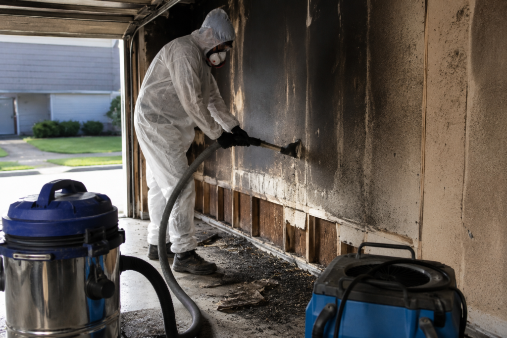 Technician removing soot and smoke damage from a garage wall during fire damage cleanup in Toledo, OH
