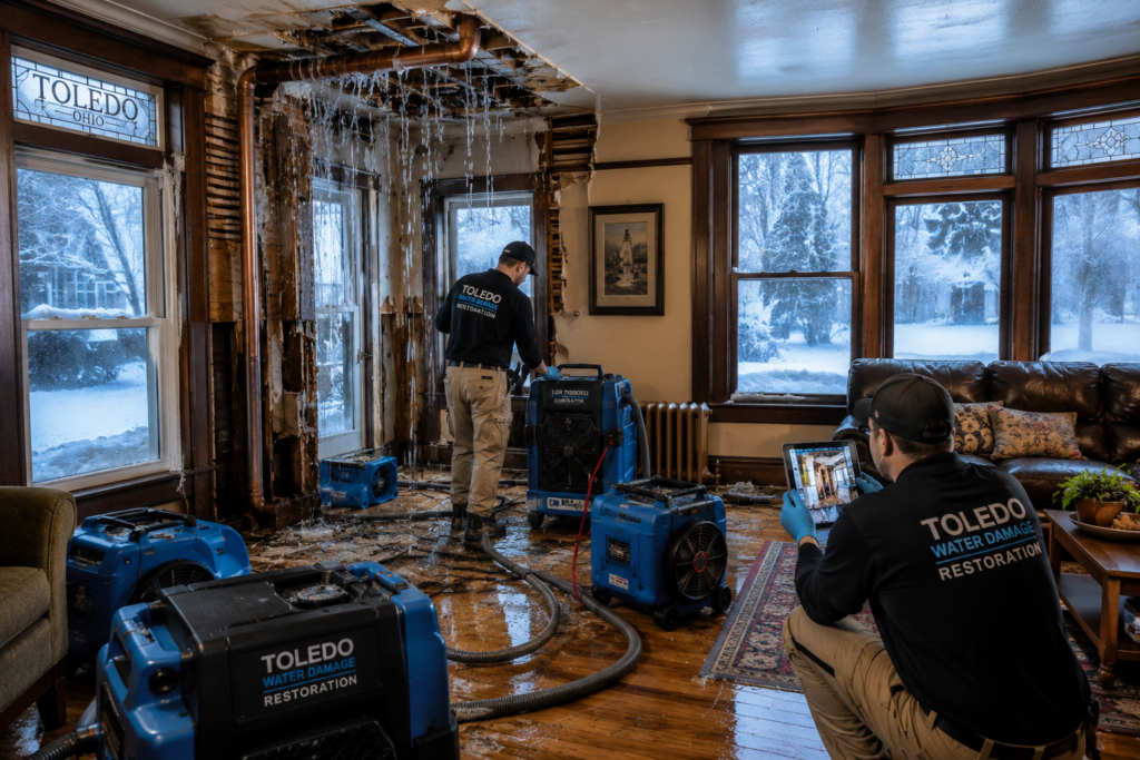 Technicians restoring a Toledo home after a frozen pipe burst and water damage.