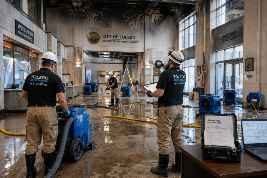 Restoration technicians repairing water and fire damage inside a Toledo government building.