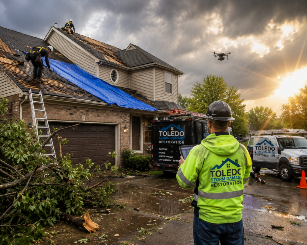 Roofing contractors repairing storm-damaged roof on a Toledo home.