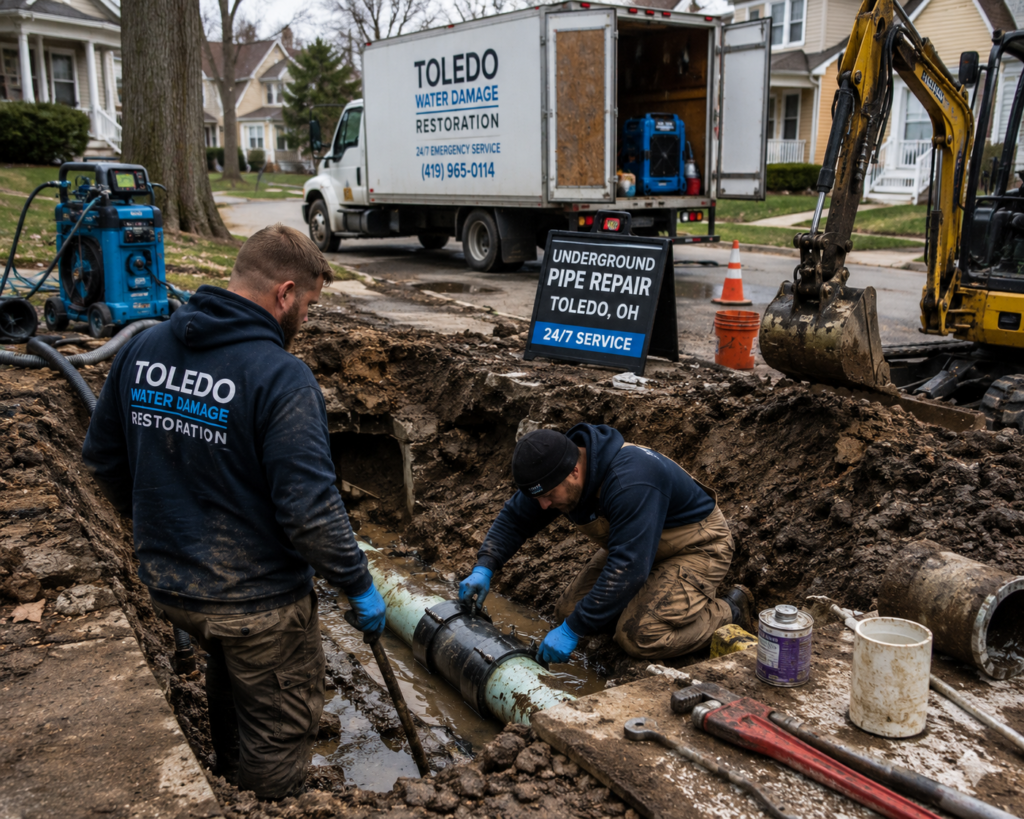 Technicians repairing an underground water pipe in a Toledo residential neighborhood.