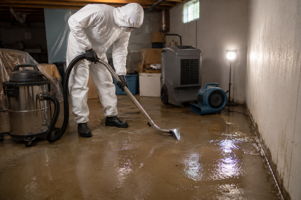 Technician extracting standing water from a flooded basement in Beverly, Toledo OH