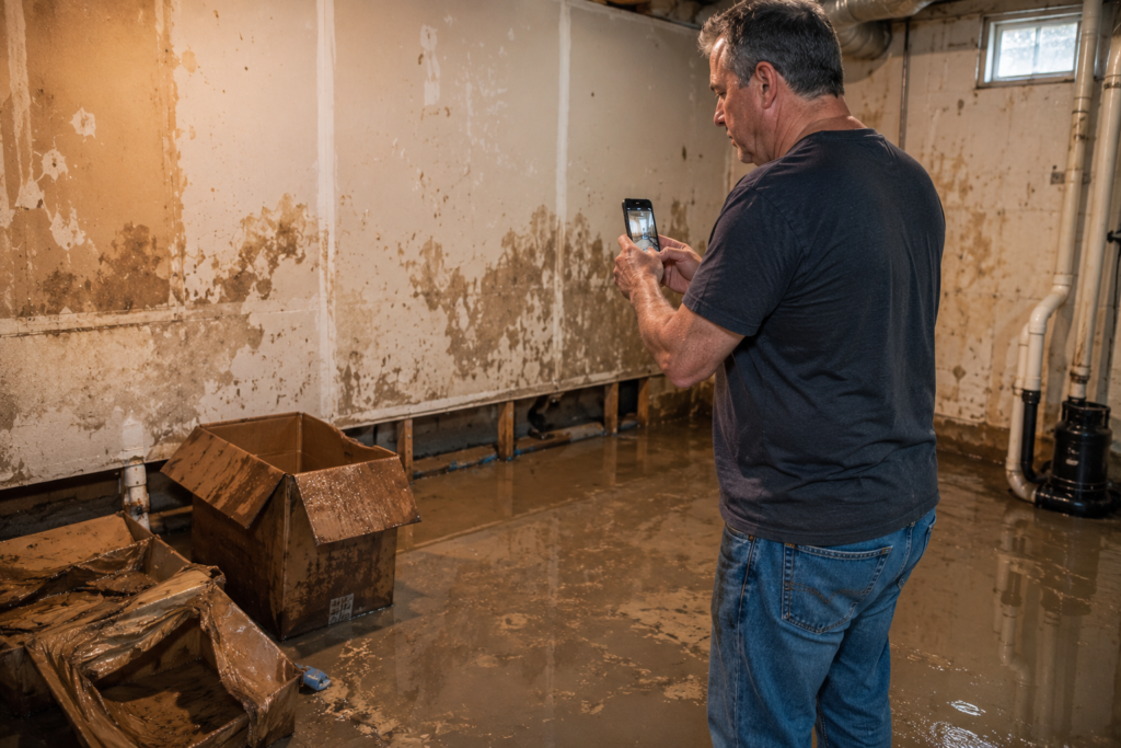 Middle-aged homeowner taking photos of water-damaged walls and flooded flooring in a basement for an insurance claim.