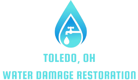 Professional water damage restoration logo with water droplet and home shield.