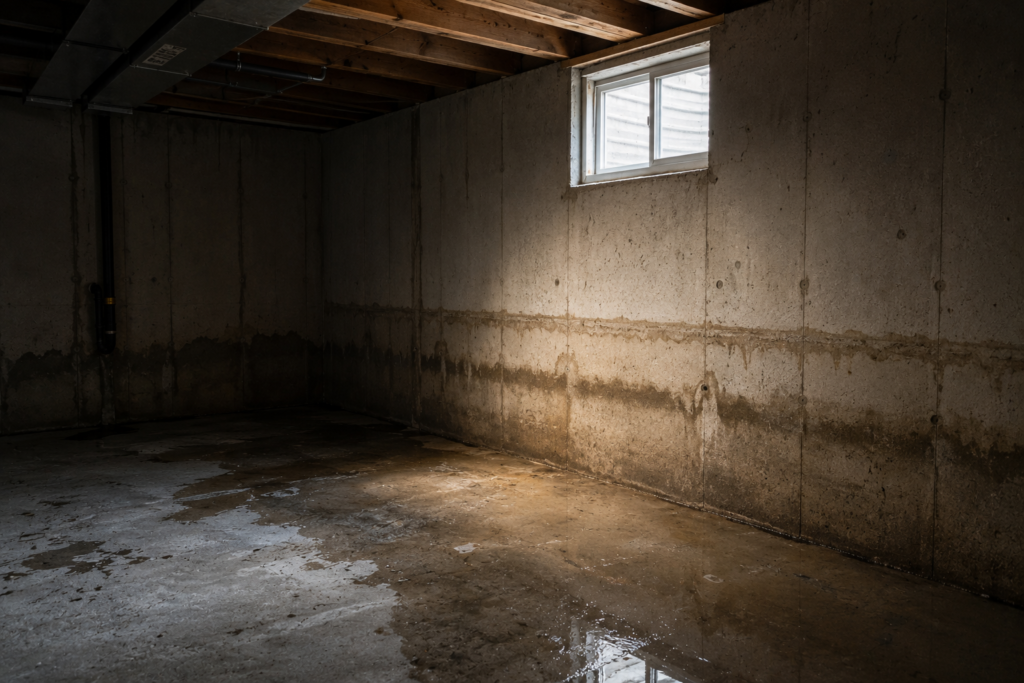 Water line stain on a basement foundation wall showing the height reached during flooding